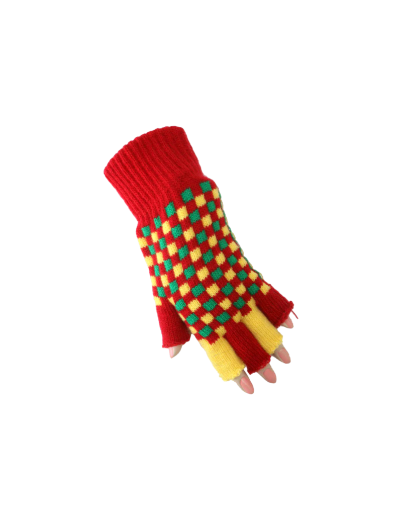 Vingerloze handschoenen rood/geel/groen geblokt